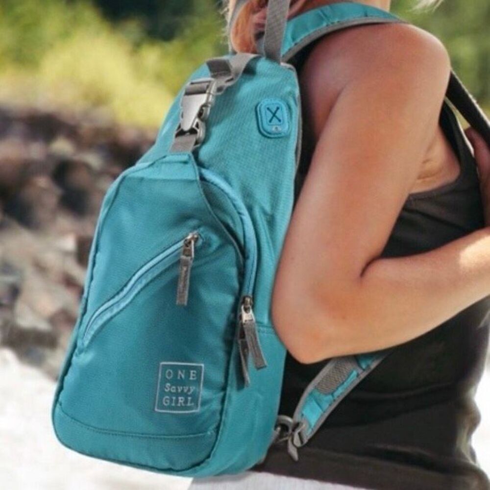 NWT Gorgeous One Savvy Girl Teal Green Blue Grey sling backpack one strap bag